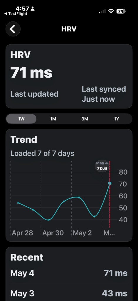 VitalPort HRV detail with trend chart, recent readings, and time range tabs
