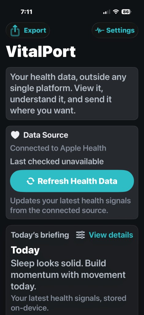 VitalPort home screen with Export, Settings, data source status, and Refresh Health Data