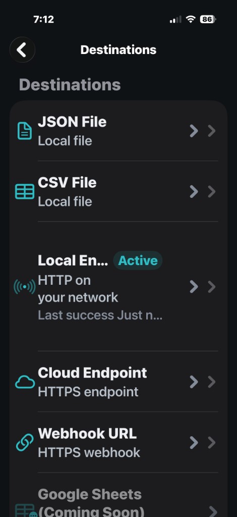 VitalPort Destinations list showing JSON File, CSV File, Local Endpoint (active), Cloud Endpoint, and Webhook URL