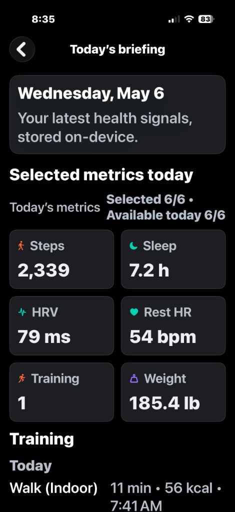 VitalPort Today’s briefing detail with selected metrics and a training entry list