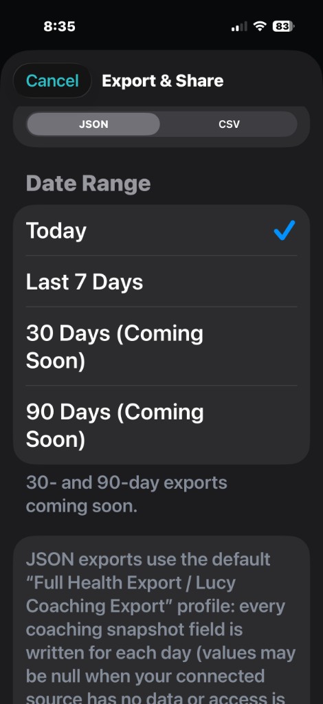 VitalPort Export and Share sheet with JSON or CSV format toggle and date range picker